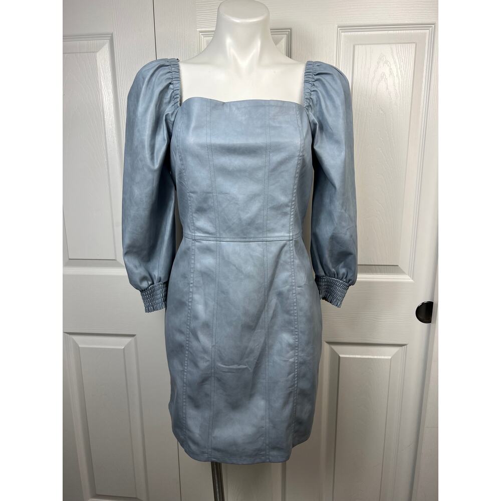7 For All Mankind Women's Dress Large Faux Leather Puff Sleeve Square Neck Blue